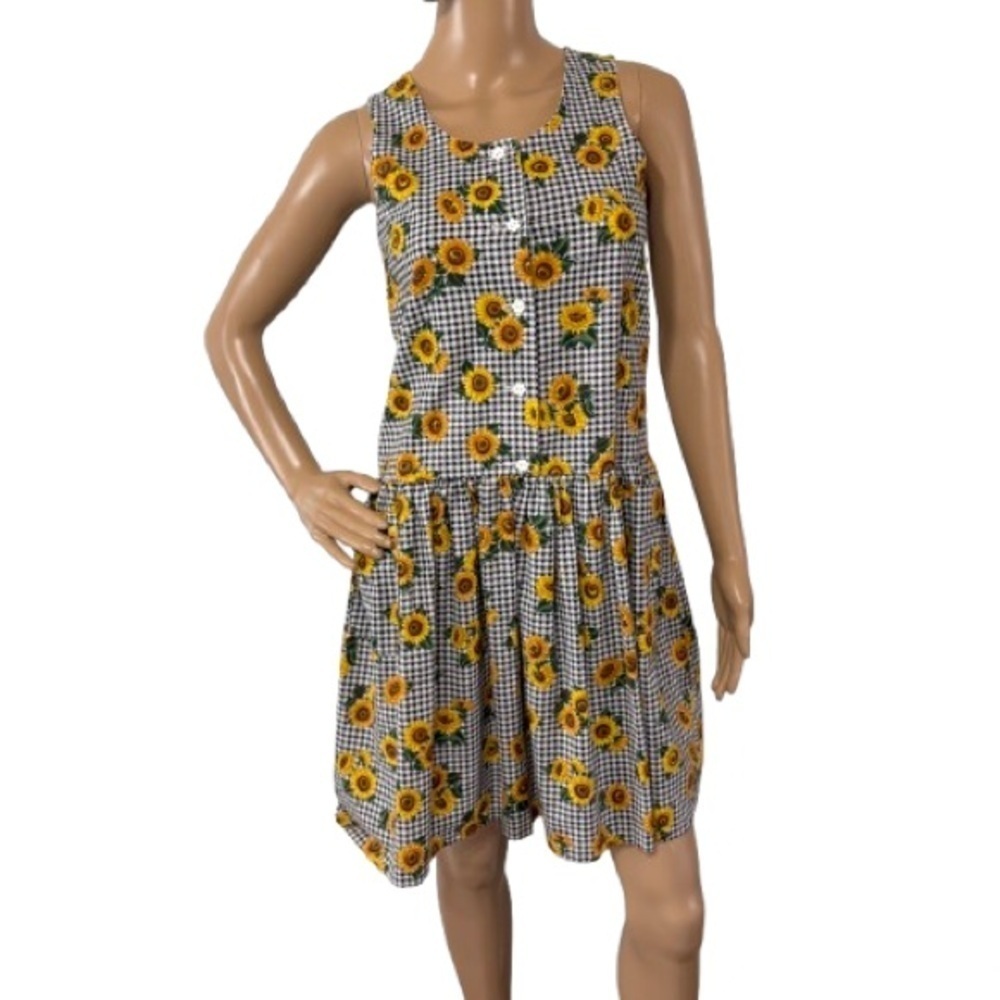 Handmade Summer Gingham Sunflower Cottagecore Cotton Mini Sundress Size XS